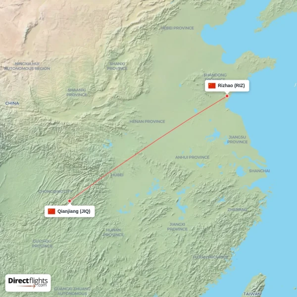 Rizhao - Qianjiang direct flight map