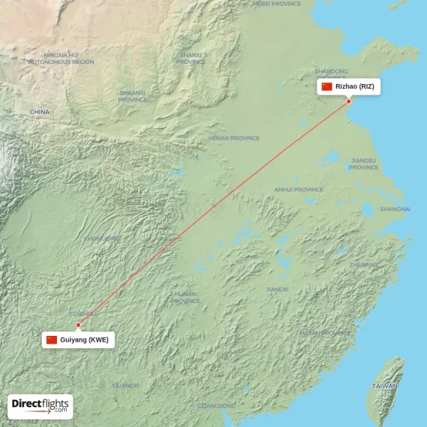 Rizhao - Guiyang direct flight map