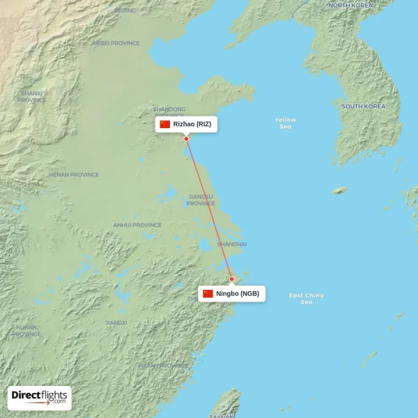 Rizhao - Ningbo direct flight map
