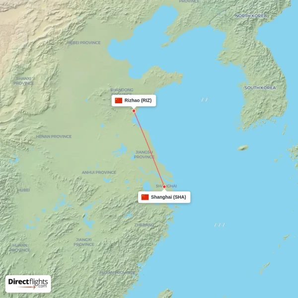 Rizhao - Shanghai direct flight map