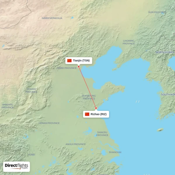 Rizhao - Tianjin direct flight map