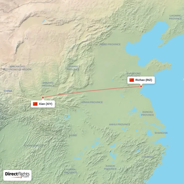 Rizhao - Xian direct flight map