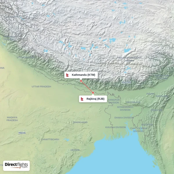 Rajbiraj - Kathmandu direct flight map