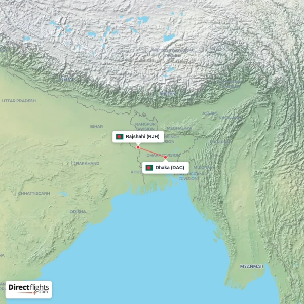 Rajshahi - Dhaka direct flight map