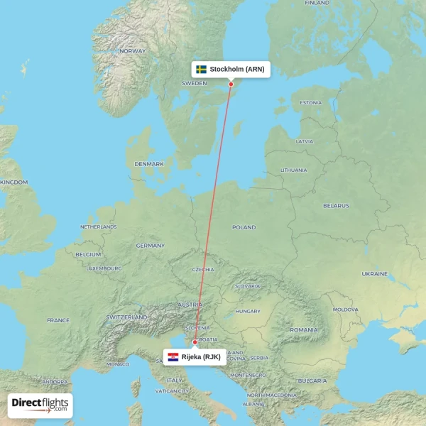 Rijeka - Stockholm direct flight map
