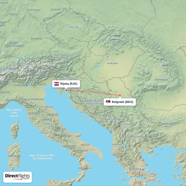 Rijeka - Belgrade direct flight map