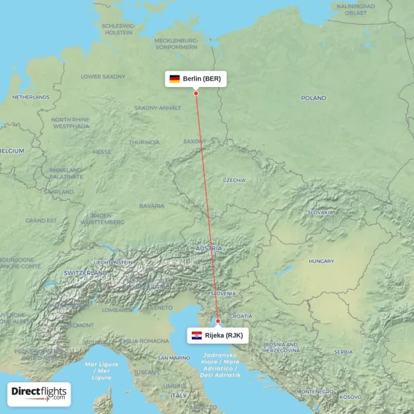 Rijeka - Berlin direct flight map