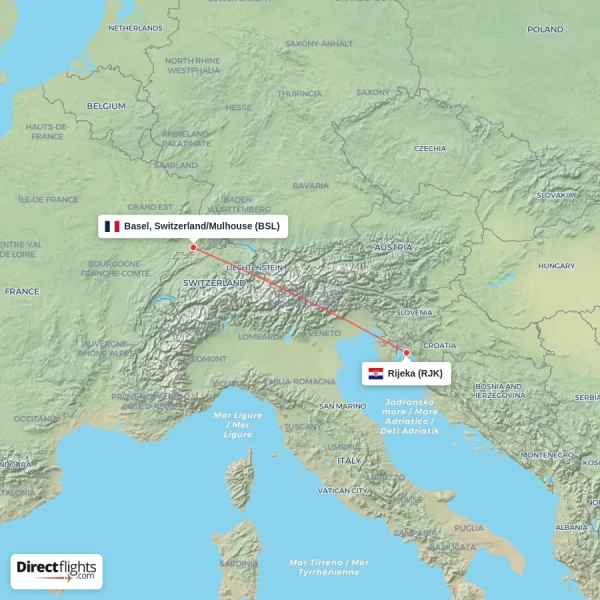 Rijeka - Basel, Switzerland/Mulhouse direct flight map