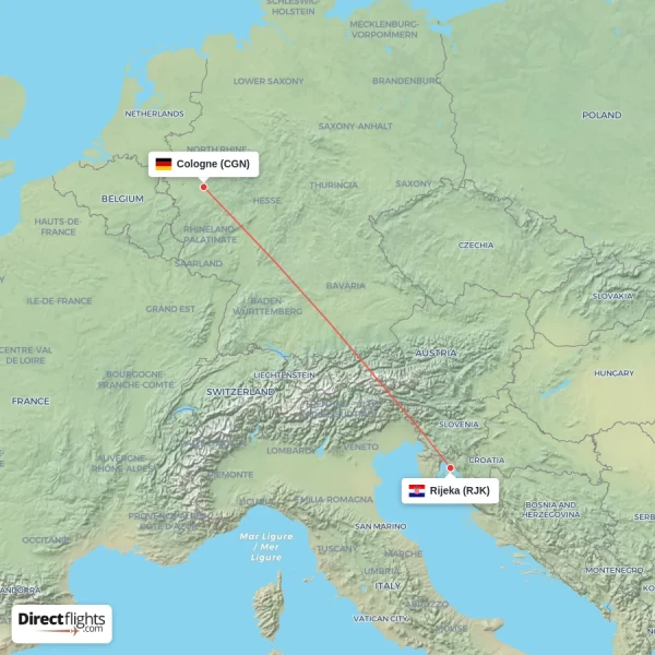 Rijeka - Cologne direct flight map