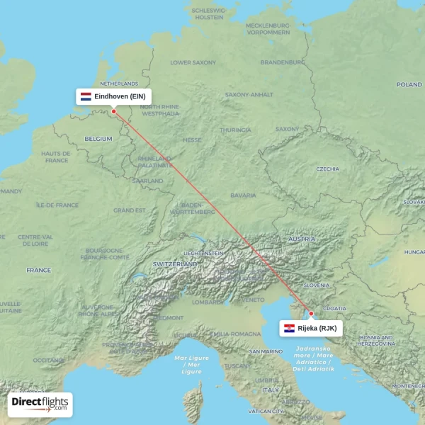 Rijeka - Eindhoven direct flight map