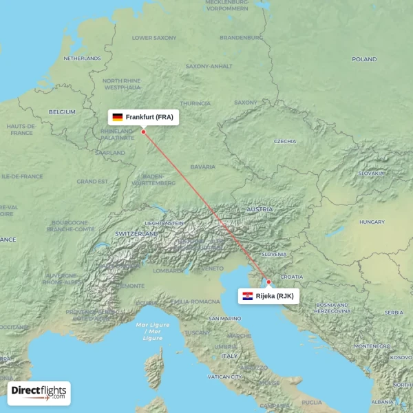 Rijeka - Frankfurt direct flight map