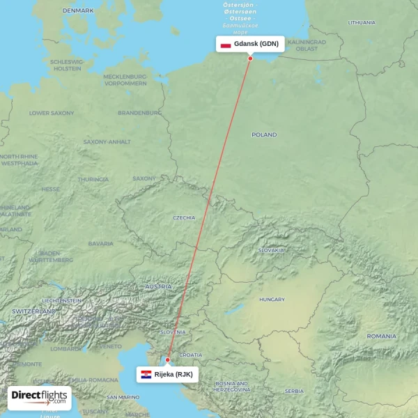 Rijeka - Gdansk direct flight map