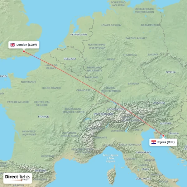 Rijeka - London direct flight map