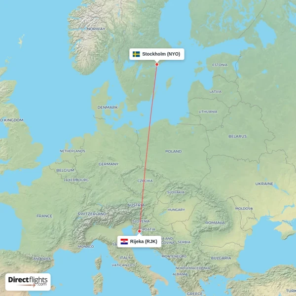 Rijeka - Stockholm direct flight map