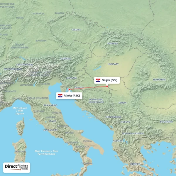 Rijeka - Osijek direct flight map