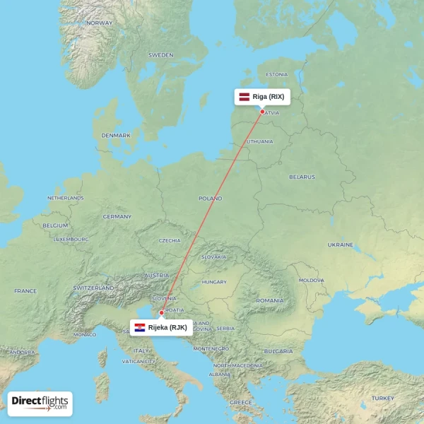 Rijeka - Riga direct flight map