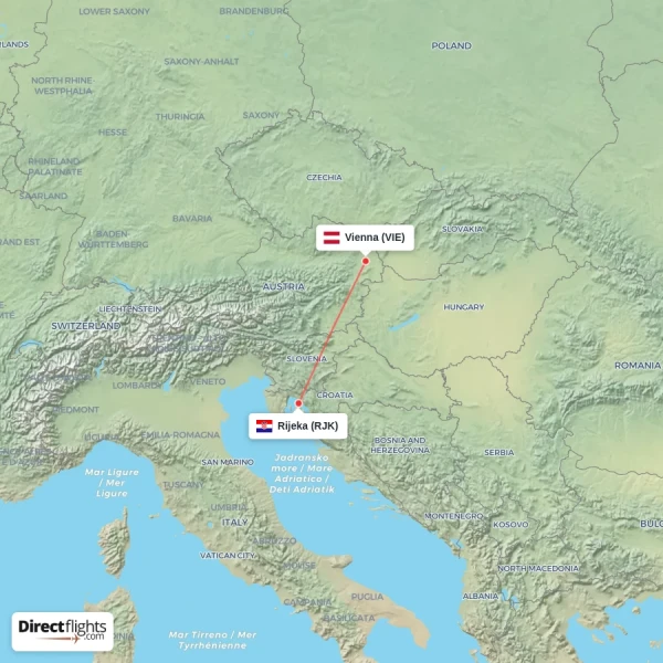 Rijeka - Vienna direct flight map