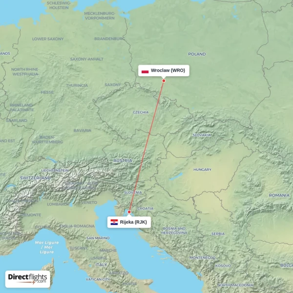 Rijeka - Wroclaw direct flight map