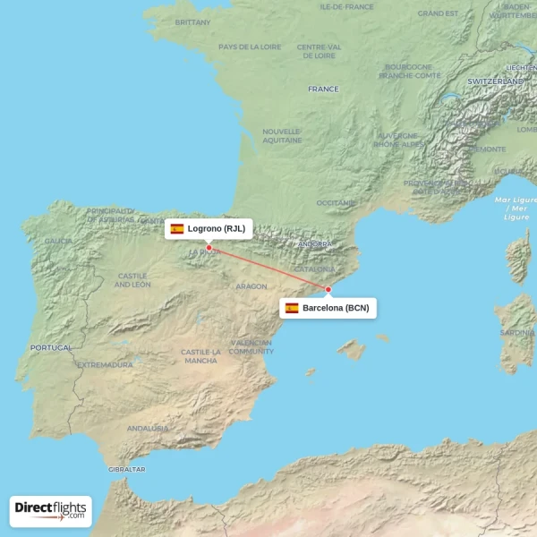 Logrono - Barcelona direct flight map