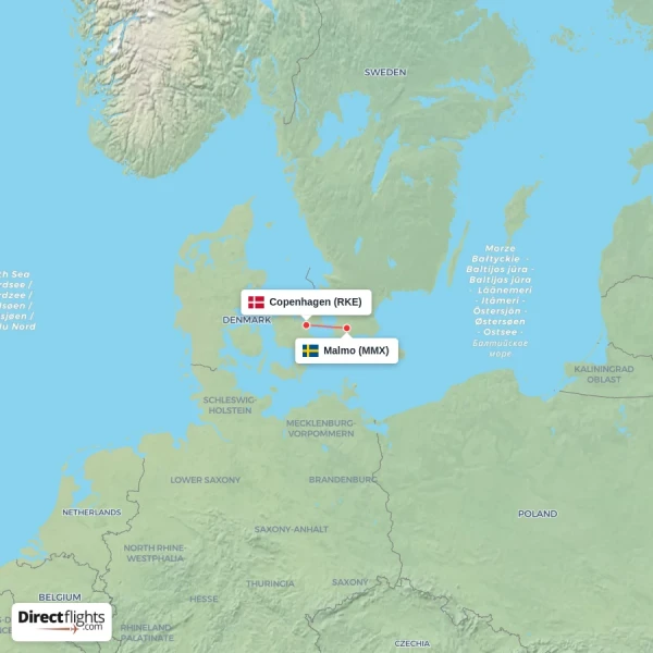 Copenhagen - Malmo direct flight map
