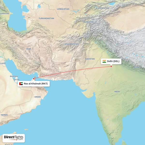 Ras al-Khaimah - Delhi direct flight map