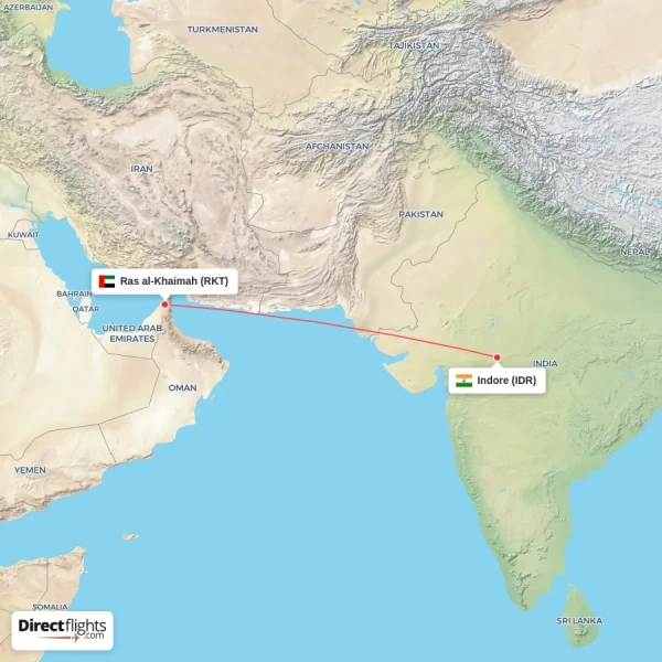 Ras al-Khaimah - Indore direct flight map