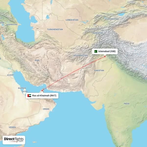 Ras al-Khaimah - Islamabad direct flight map