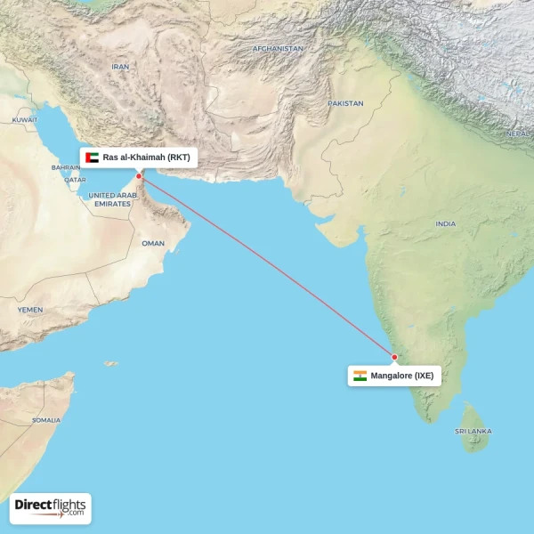 Ras al-Khaimah - Mangalore direct flight map