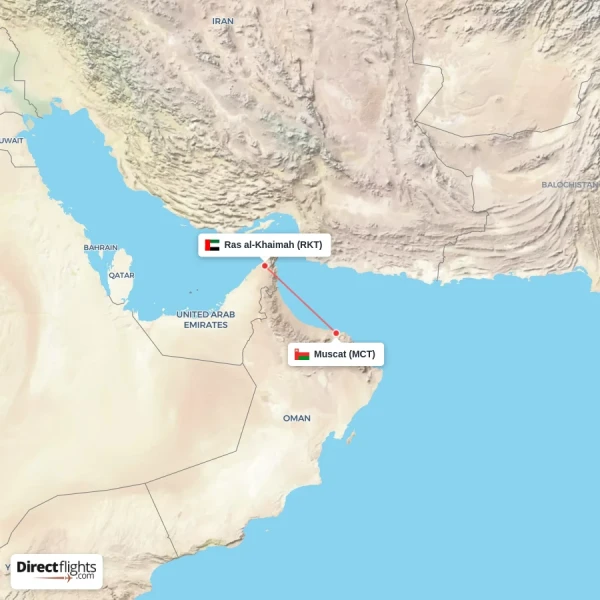 Ras al-Khaimah - Muscat direct flight map