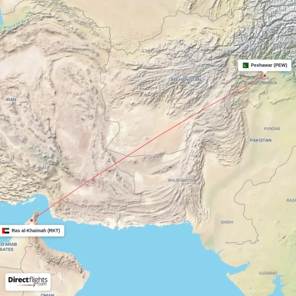 Ras al-Khaimah - Peshawar direct flight map