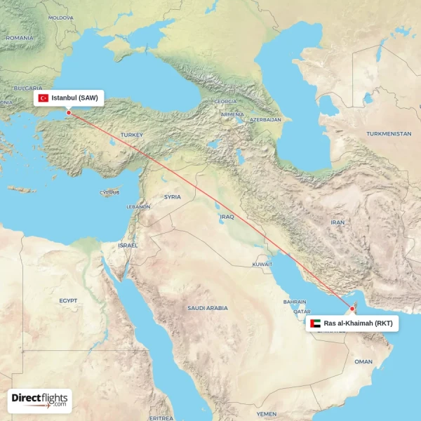 Ras al-Khaimah - Istanbul direct flight map
