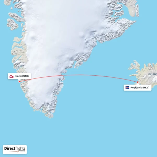 Reykjavik - Nuuk direct flight map