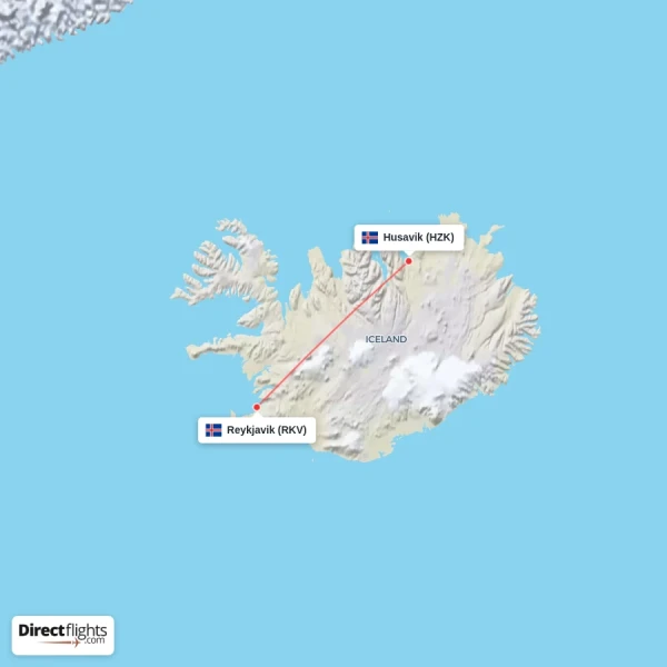 Reykjavik - Husavik direct flight map