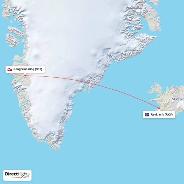 Reykjavik - Kangerlussuaq direct flight map
