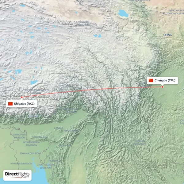 Shigatse - Chengdu direct flight map