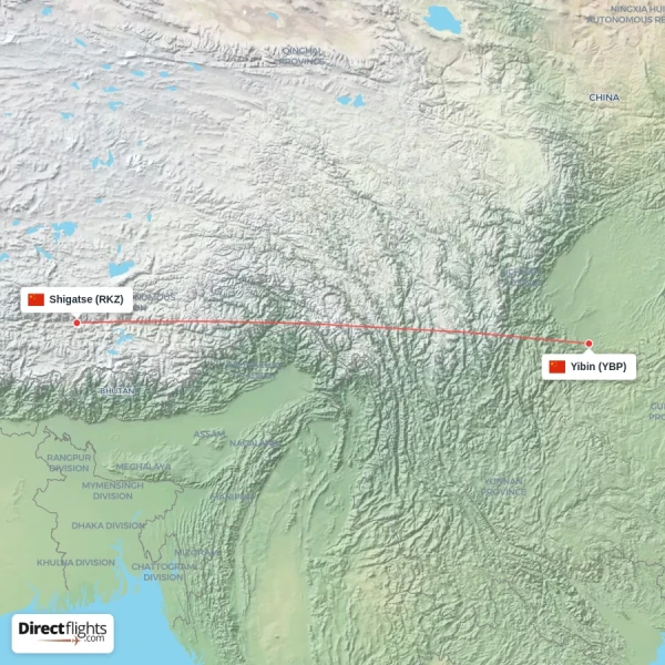 Shigatse - Yibin direct flight map