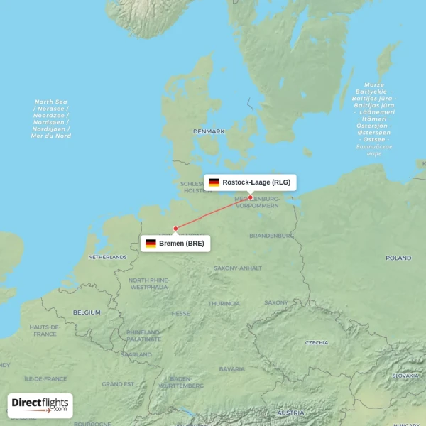 Rostock-Laage - Bremen direct flight map