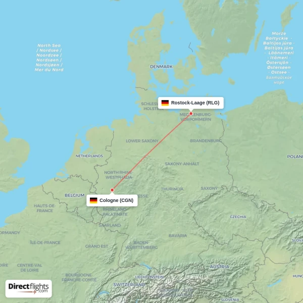 Rostock-Laage - Cologne direct flight map