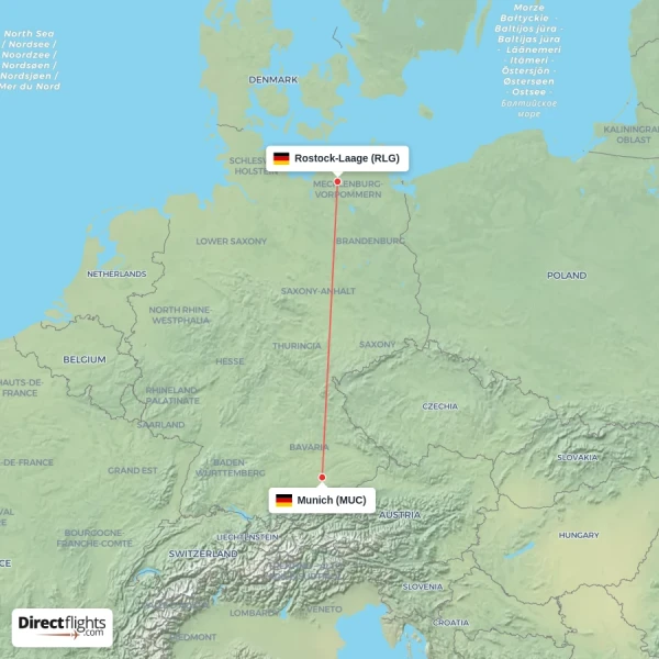 Rostock-Laage - Munich direct flight map