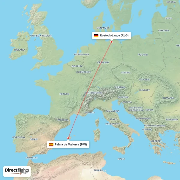 Rostock-Laage - Palma de Mallorca direct flight map
