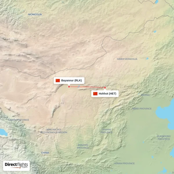 Bayannur - Hohhot direct flight map