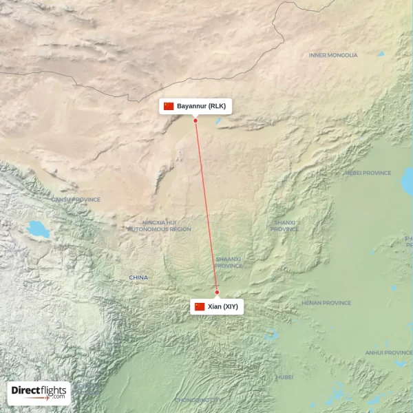 Bayannur - Xian direct flight map