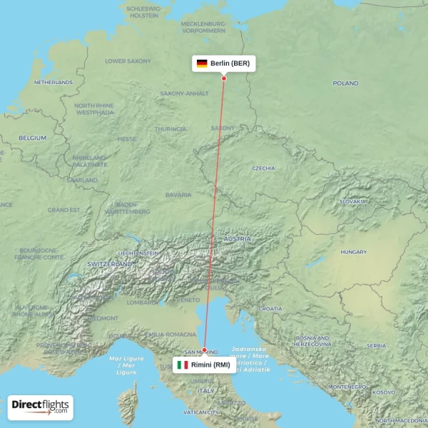Rimini - Berlin direct flight map