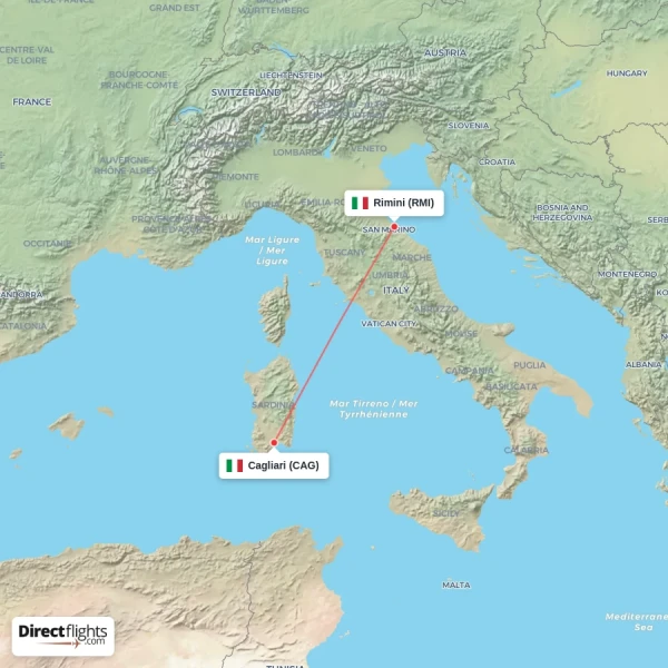 Rimini - Cagliari direct flight map