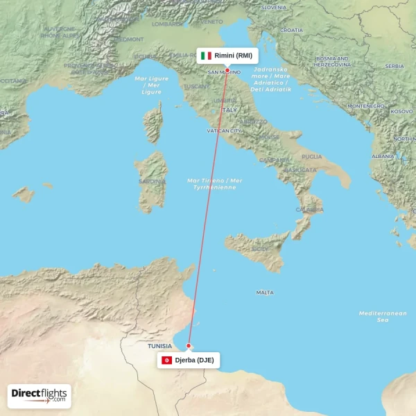 Rimini - Djerba direct flight map