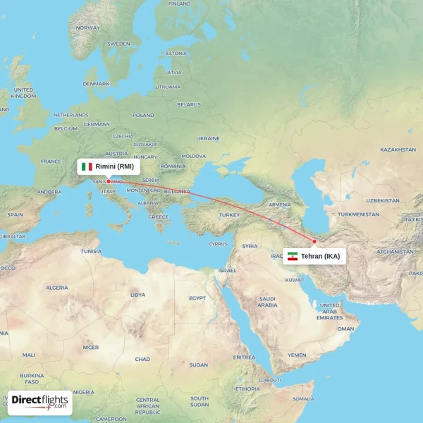 Rimini - Tehran direct flight map