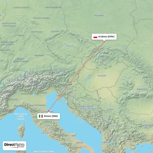 Rimini - Krakow direct flight map