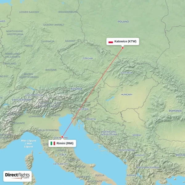 Rimini - Katowice direct flight map