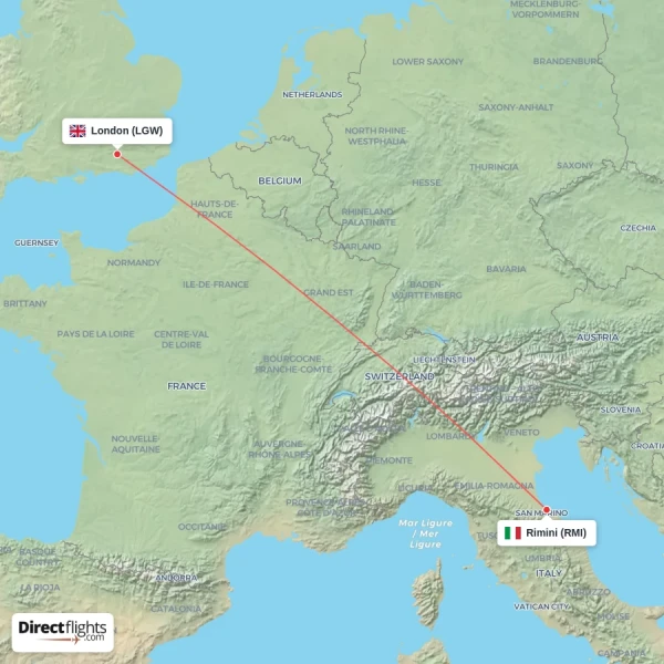 Rimini - London direct flight map