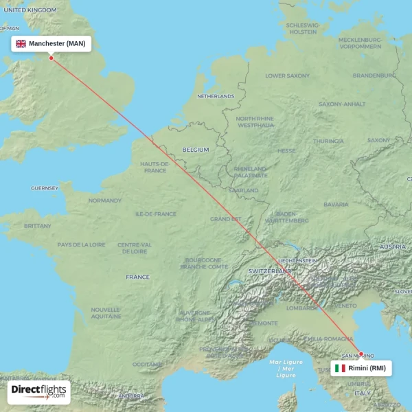 Rimini - Manchester direct flight map
